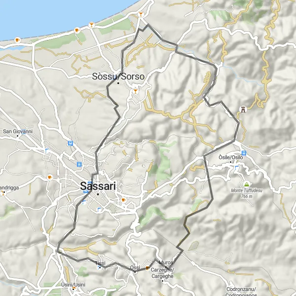 Miniatura della mappa di ispirazione al ciclismo "Giro in bicicletta tra Monte Colombari e Sorso" nella regione di Sardegna, Italy. Generata da Tarmacs.app, pianificatore di rotte ciclistiche