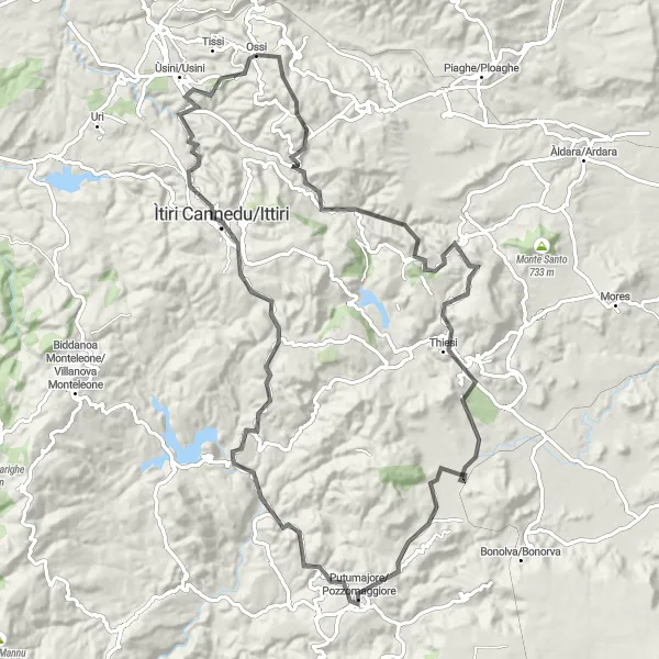 Miniatura della mappa di ispirazione al ciclismo "Tour panoramico di Monte Cuccuruddu e Ossi" nella regione di Sardegna, Italy. Generata da Tarmacs.app, pianificatore di rotte ciclistiche