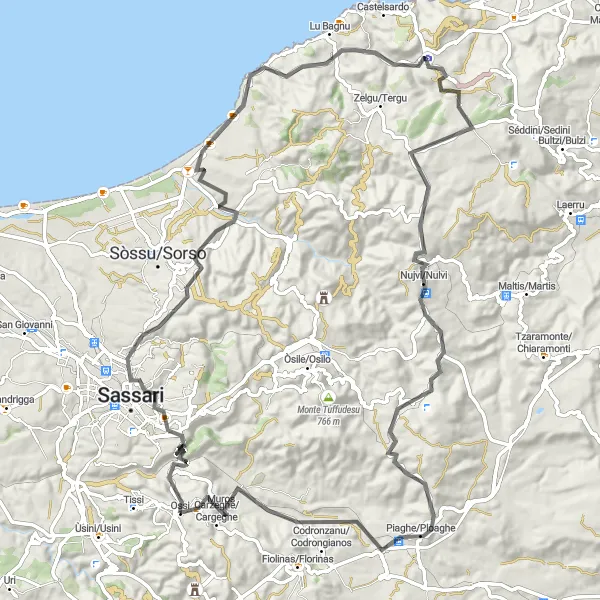 Miniatura della mappa di ispirazione al ciclismo "Avventura ciclistica tra Sennori e Ploaghe" nella regione di Sardegna, Italy. Generata da Tarmacs.app, pianificatore di rotte ciclistiche