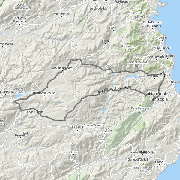 Miniatura della mappa di ispirazione al ciclismo "Lungo percorso in bicicletta da Posada a Punta De Giorgia" nella regione di Sardegna, Italy. Generata da Tarmacs.app, pianificatore di rotte ciclistiche