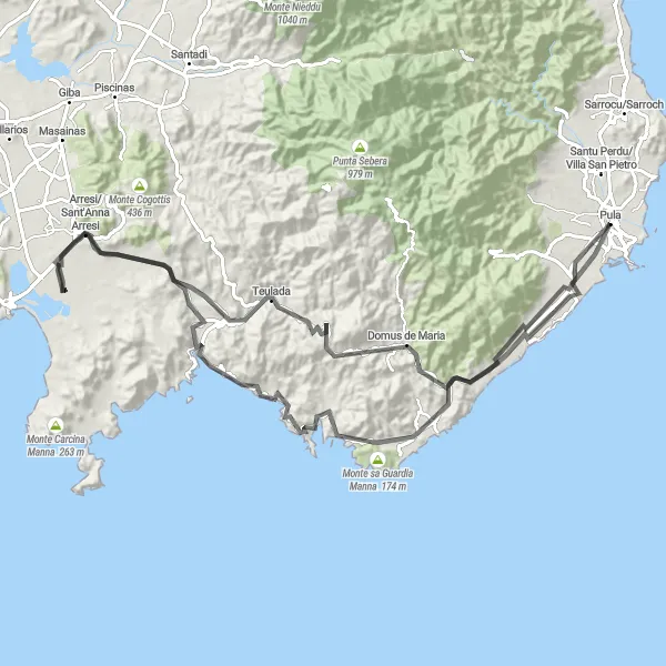 Map miniature of "Coastal Delight" cycling inspiration in Sardegna, Italy. Generated by Tarmacs.app cycling route planner