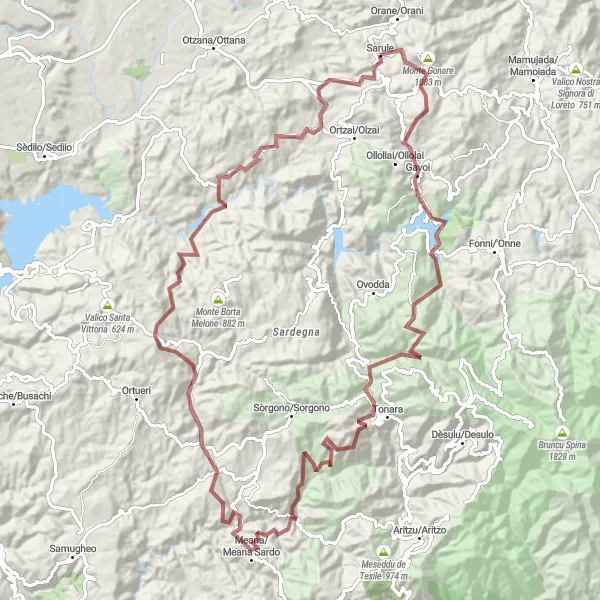 Miniatura della mappa di ispirazione al ciclismo "Giro in bicicletta da Sarule a Meana Sardo e ritorno" nella regione di Sardegna, Italy. Generata da Tarmacs.app, pianificatore di rotte ciclistiche