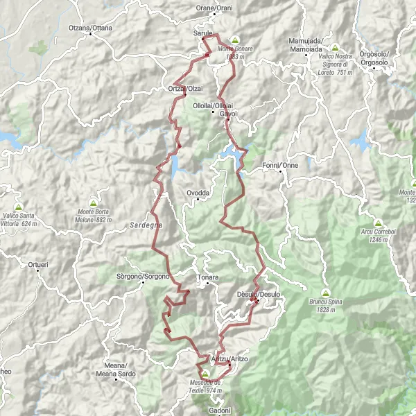 Miniatura della mappa di ispirazione al ciclismo "Avventuroso tour in bicicletta tra Monte Gonare e Punta Sa Marghine" nella regione di Sardegna, Italy. Generata da Tarmacs.app, pianificatore di rotte ciclistiche