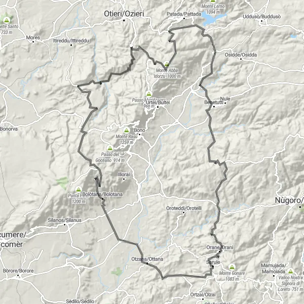 Miniatura della mappa di ispirazione al ciclismo "Giro in bicicletta da Sarule" nella regione di Sardegna, Italy. Generata da Tarmacs.app, pianificatore di rotte ciclistiche