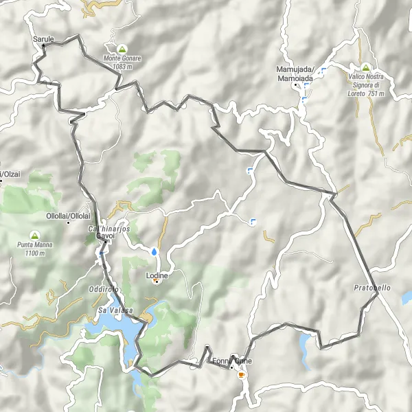 Miniatura della mappa di ispirazione al ciclismo "Tour Panoramico tra le Montagne" nella regione di Sardegna, Italy. Generata da Tarmacs.app, pianificatore di rotte ciclistiche