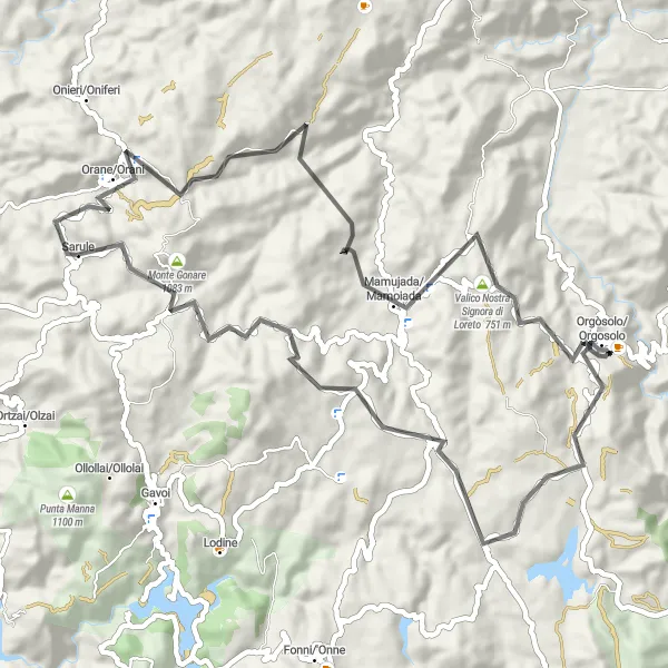 Miniatura della mappa di ispirazione al ciclismo "Giro in bici strada con salita di 1337 metri" nella regione di Sardegna, Italy. Generata da Tarmacs.app, pianificatore di rotte ciclistiche