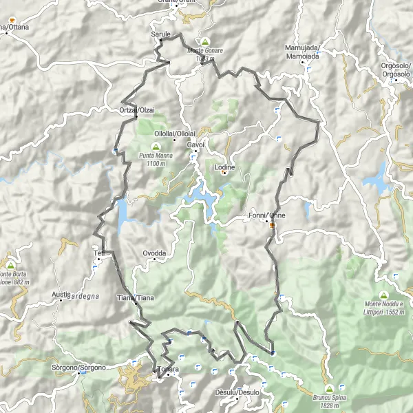 Miniatura della mappa di ispirazione al ciclismo "Giro delle Montagne" nella regione di Sardegna, Italy. Generata da Tarmacs.app, pianificatore di rotte ciclistiche