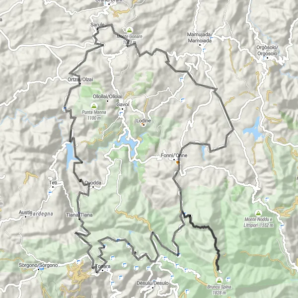 Miniatura della mappa di ispirazione al ciclismo "Giro in bicicletta da Sarule a Tiana e ritorno" nella regione di Sardegna, Italy. Generata da Tarmacs.app, pianificatore di rotte ciclistiche