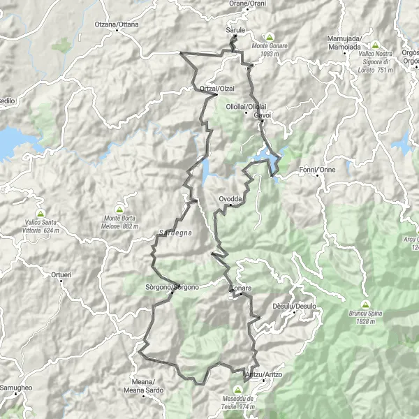 Miniatura della mappa di ispirazione al ciclismo "Giro in bicicletta da Sarule a Tonara e ritorno" nella regione di Sardegna, Italy. Generata da Tarmacs.app, pianificatore di rotte ciclistiche