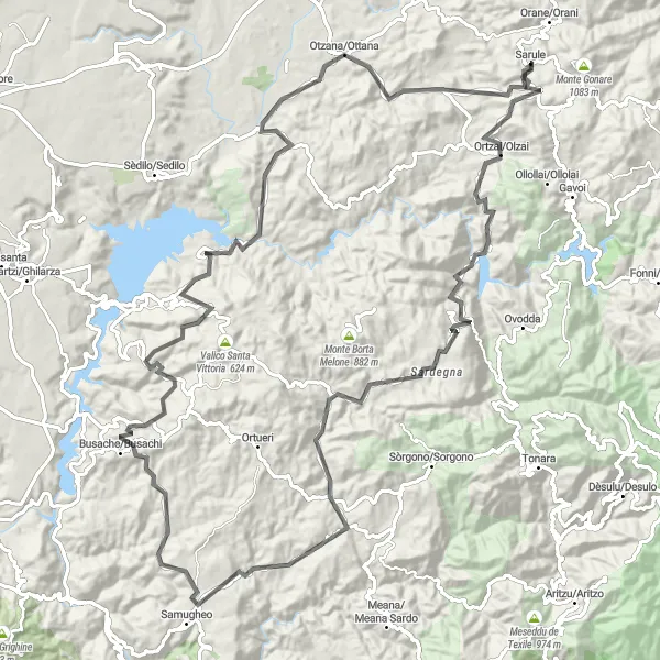 Miniatura della mappa di ispirazione al ciclismo "Giro in bicicletta da Sarule a Ottana e ritorno" nella regione di Sardegna, Italy. Generata da Tarmacs.app, pianificatore di rotte ciclistiche