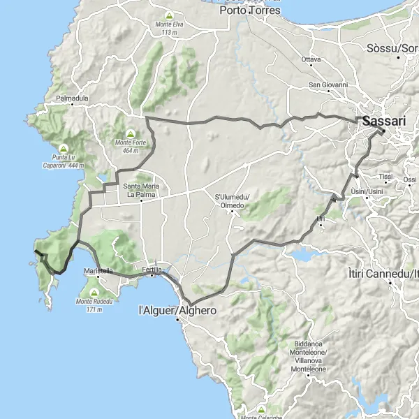 Map miniature of "Historical and Natural Delights" cycling inspiration in Sardegna, Italy. Generated by Tarmacs.app cycling route planner
