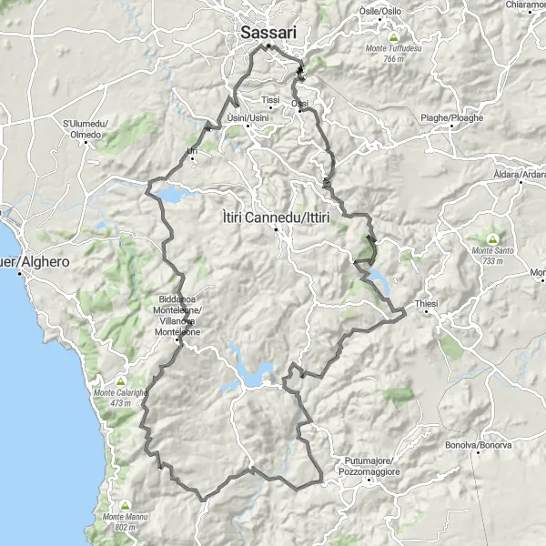 Miniatura della mappa di ispirazione al ciclismo "Ciclismo panoramico tra Sassari e Palazzo di Giordano" nella regione di Sardegna, Italy. Generata da Tarmacs.app, pianificatore di rotte ciclistiche