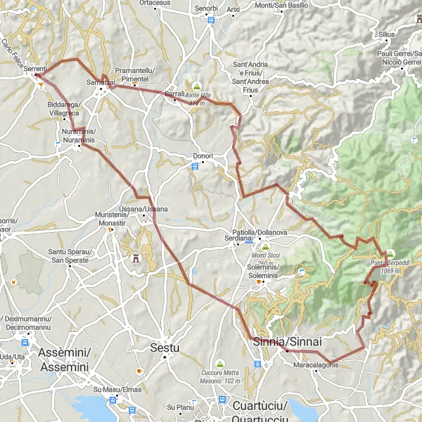 Map miniature of "The Mountain Challenge: Monte Uda and Beyond" cycling inspiration in Sardegna, Italy. Generated by Tarmacs.app cycling route planner
