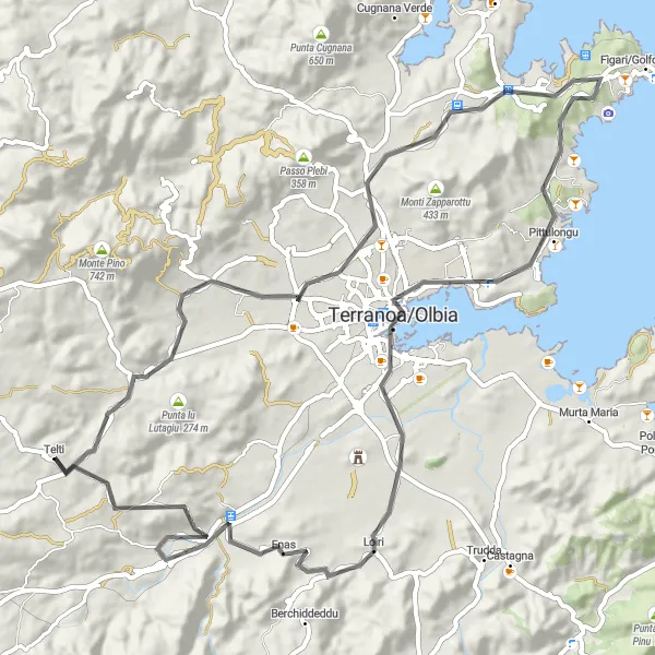 Miniatura della mappa di ispirazione al ciclismo "Itinerario ciclistico su strada da Telti" nella regione di Sardegna, Italy. Generata da Tarmacs.app, pianificatore di rotte ciclistiche