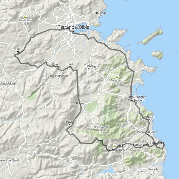 Map miniature of "Terranoa and Olbia Circuit" cycling inspiration in Sardegna, Italy. Generated by Tarmacs.app cycling route planner