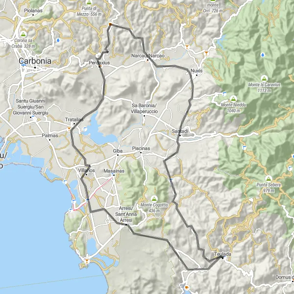Miniatura della mappa di ispirazione al ciclismo "Passeggiata tra Borghi Antichi" nella regione di Sardegna, Italy. Generata da Tarmacs.app, pianificatore di rotte ciclistiche