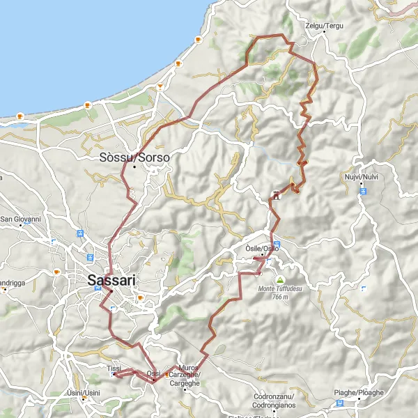 Map miniature of "Gravel Exploration of Sassari and Monte Colombari" cycling inspiration in Sardegna, Italy. Generated by Tarmacs.app cycling route planner