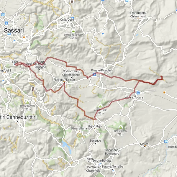 Miniatura della mappa di ispirazione al ciclismo "Cicloturismo tra strade e sterrati intorno a Tissi" nella regione di Sardegna, Italy. Generata da Tarmacs.app, pianificatore di rotte ciclistiche