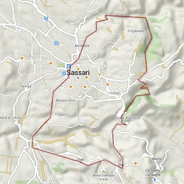 Miniatura della mappa di ispirazione al ciclismo "Giro in bicicletta a Tissi" nella regione di Sardegna, Italy. Generata da Tarmacs.app, pianificatore di rotte ciclistiche