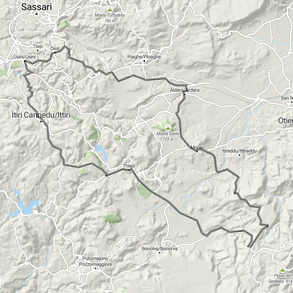 Miniatura della mappa di ispirazione al ciclismo "Giro in bicicletta intorno a Tissi" nella regione di Sardegna, Italy. Generata da Tarmacs.app, pianificatore di rotte ciclistiche
