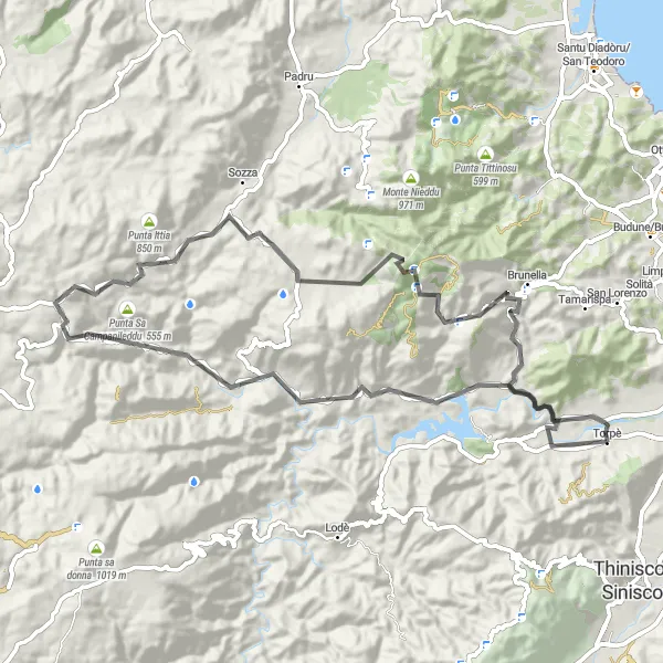 Miniatura della mappa di ispirazione al ciclismo "Giro in bicicletta da Torpè" nella regione di Sardegna, Italy. Generata da Tarmacs.app, pianificatore di rotte ciclistiche