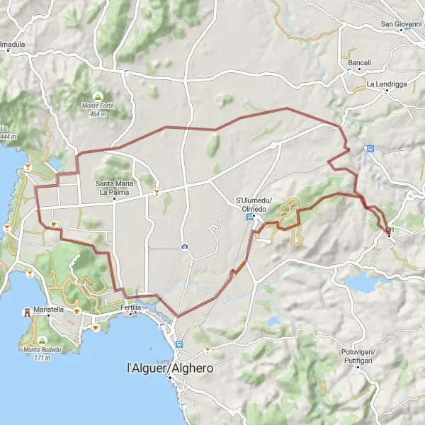 Miniatura della mappa di ispirazione al ciclismo "Giro in bicicletta da Uri" nella regione di Sardegna, Italy. Generata da Tarmacs.app, pianificatore di rotte ciclistiche