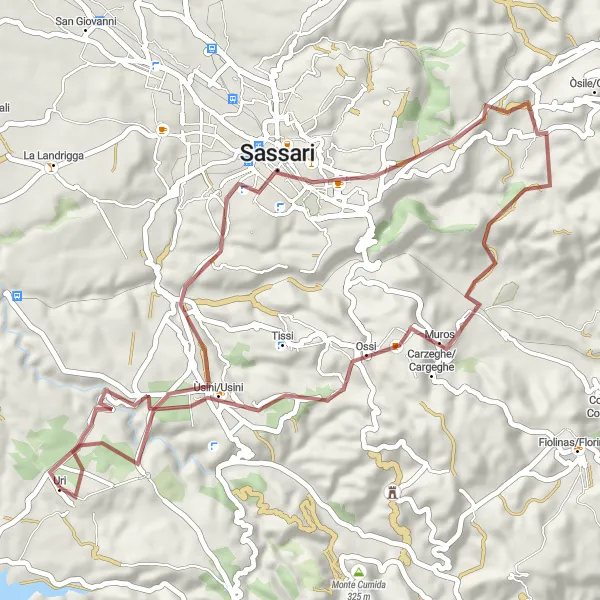 Miniatura della mappa di ispirazione al ciclismo "Esplorando la natura intorno a Uri" nella regione di Sardegna, Italy. Generata da Tarmacs.app, pianificatore di rotte ciclistiche
