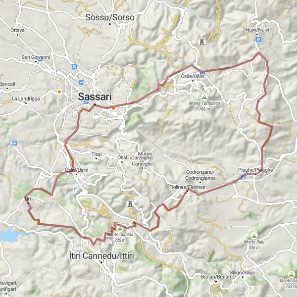 Miniatura della mappa di ispirazione al ciclismo "Tour Gravel nei dintorni di Uri" nella regione di Sardegna, Italy. Generata da Tarmacs.app, pianificatore di rotte ciclistiche