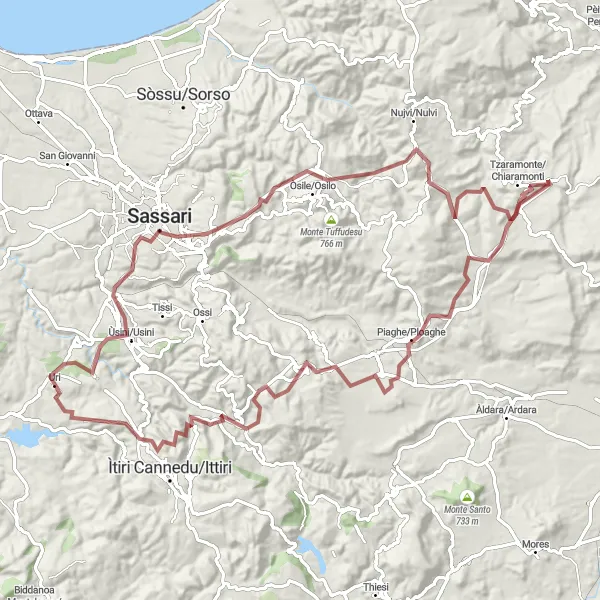 Miniatura della mappa di ispirazione al ciclismo "Giro in Gravel intorno a Uri" nella regione di Sardegna, Italy. Generata da Tarmacs.app, pianificatore di rotte ciclistiche