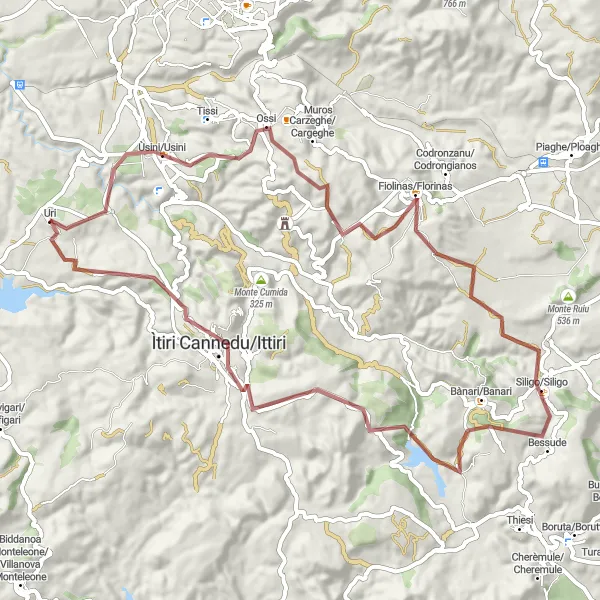 Miniatura della mappa di ispirazione al ciclismo "Avventura sterrata intorno a Uri" nella regione di Sardegna, Italy. Generata da Tarmacs.app, pianificatore di rotte ciclistiche