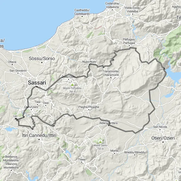 Miniatura della mappa di ispirazione al ciclismo "Giro in bicicletta intorno a Uri (Sardegna)" nella regione di Sardegna, Italy. Generata da Tarmacs.app, pianificatore di rotte ciclistiche