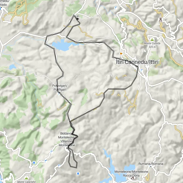 Miniatura della mappa di ispirazione al ciclismo "Tra borghi e natura intorno a Uri" nella regione di Sardegna, Italy. Generata da Tarmacs.app, pianificatore di rotte ciclistiche