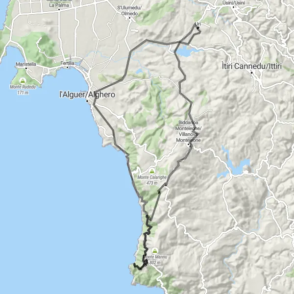 Miniatura della mappa di ispirazione al ciclismo "Giro panoramico tra Putifigari e Villanova Monteleone" nella regione di Sardegna, Italy. Generata da Tarmacs.app, pianificatore di rotte ciclistiche