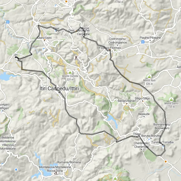 Miniatura della mappa di ispirazione al ciclismo "Rotta attraverso Monte Colombari e Thiesi" nella regione di Sardegna, Italy. Generata da Tarmacs.app, pianificatore di rotte ciclistiche