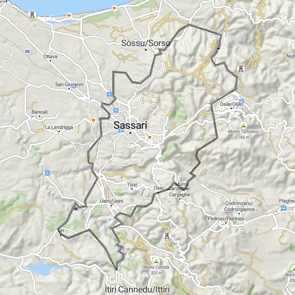 Miniatura della mappa di ispirazione al ciclismo "Ciclismo dalle colline di Uri" nella regione di Sardegna, Italy. Generata da Tarmacs.app, pianificatore di rotte ciclistiche