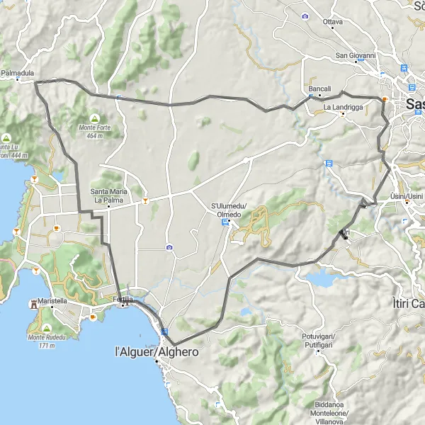 Miniatura della mappa di ispirazione al ciclismo "Circuito di Uri e Fertilia" nella regione di Sardegna, Italy. Generata da Tarmacs.app, pianificatore di rotte ciclistiche