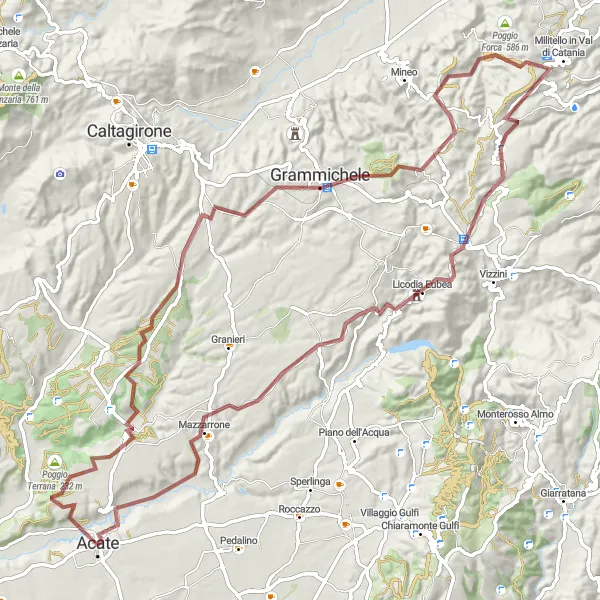 Miniatura della mappa di ispirazione al ciclismo "Esplorazione Montuosa in Bicicletta" nella regione di Sicilia, Italy. Generata da Tarmacs.app, pianificatore di rotte ciclistiche