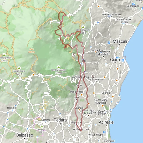 Map miniature of "Gravel Adventure through Fornazzo and Zafferana Etnea" cycling inspiration in Sicilia, Italy. Generated by Tarmacs.app cycling route planner