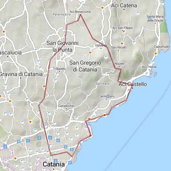 Miniatura della mappa di ispirazione al ciclismo "Gravel tra Aci Castello e Tetto di San Nicola" nella regione di Sicilia, Italy. Generata da Tarmacs.app, pianificatore di rotte ciclistiche