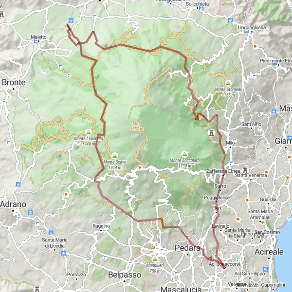 Miniatura della mappa di ispirazione al ciclismo "Giro in bicicletta tra Pedara e Viagrande" nella regione di Sicilia, Italy. Generata da Tarmacs.app, pianificatore di rotte ciclistiche