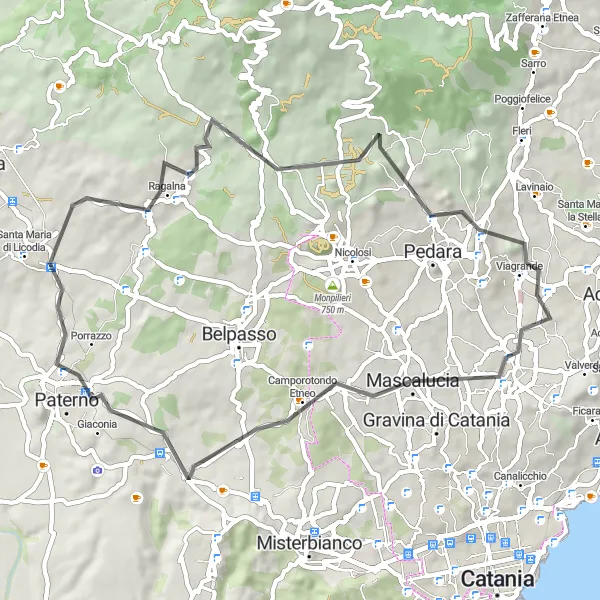 Miniatura della mappa di ispirazione al ciclismo "Scoperta di Monte Capreria e Ragalna" nella regione di Sicilia, Italy. Generata da Tarmacs.app, pianificatore di rotte ciclistiche