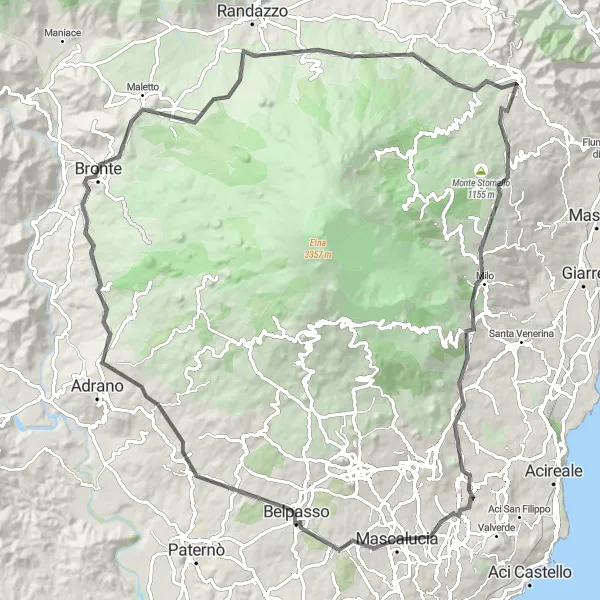 Miniatura della mappa di ispirazione al ciclismo "Esplorazione dei borghi etnei tra Belpasso e Viagrande" nella regione di Sicilia, Italy. Generata da Tarmacs.app, pianificatore di rotte ciclistiche