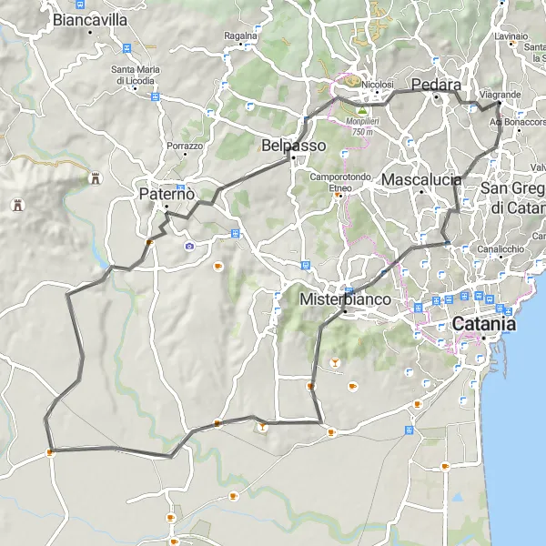 Map miniature of "Misterbianco and Monti Rossi Loop" cycling inspiration in Sicilia, Italy. Generated by Tarmacs.app cycling route planner