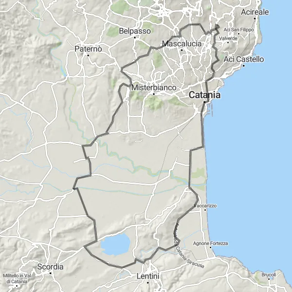 Map miniature of "Catania and Monte Rannè Loop" cycling inspiration in Sicilia, Italy. Generated by Tarmacs.app cycling route planner