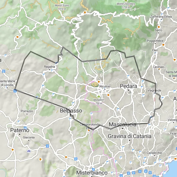 Miniatura della mappa di ispirazione al ciclismo "Tour ciclistico tra Mascalucia e Monte Serra" nella regione di Sicilia, Italy. Generata da Tarmacs.app, pianificatore di rotte ciclistiche