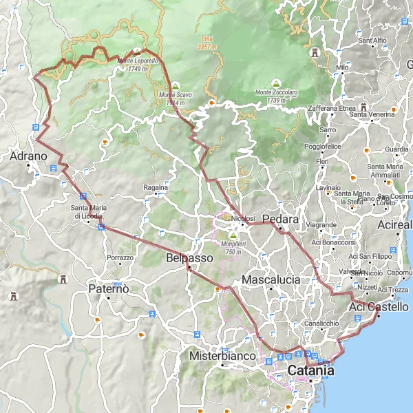 Map miniature of "Sicilian Gravel Epic: Amphitheater to Monti Rossi" cycling inspiration in Sicilia, Italy. Generated by Tarmacs.app cycling route planner