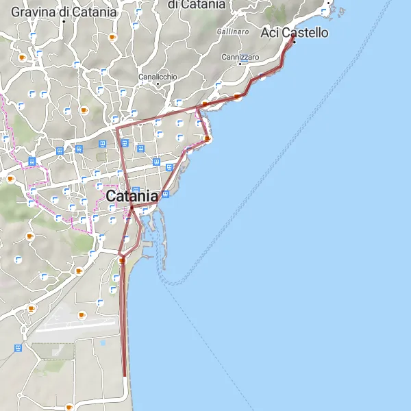 Map miniature of "Catania and Cannizzaro Gravel Ride" cycling inspiration in Sicilia, Italy. Generated by Tarmacs.app cycling route planner