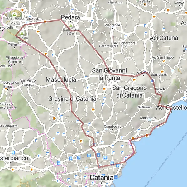 Map miniature of "Aci Castello and Monte Troina Gravel Challenge" cycling inspiration in Sicilia, Italy. Generated by Tarmacs.app cycling route planner