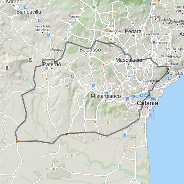 Map miniature of "Exploring Catania's Surroundings by Road" cycling inspiration in Sicilia, Italy. Generated by Tarmacs.app cycling route planner