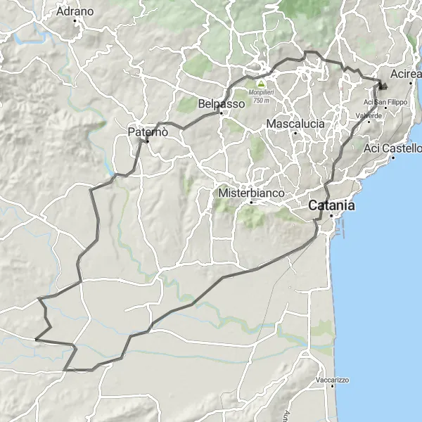 Miniatura della mappa di ispirazione al ciclismo "Itinerario collinare tra Catania e Aci Sant'Antonio" nella regione di Sicilia, Italy. Generata da Tarmacs.app, pianificatore di rotte ciclistiche